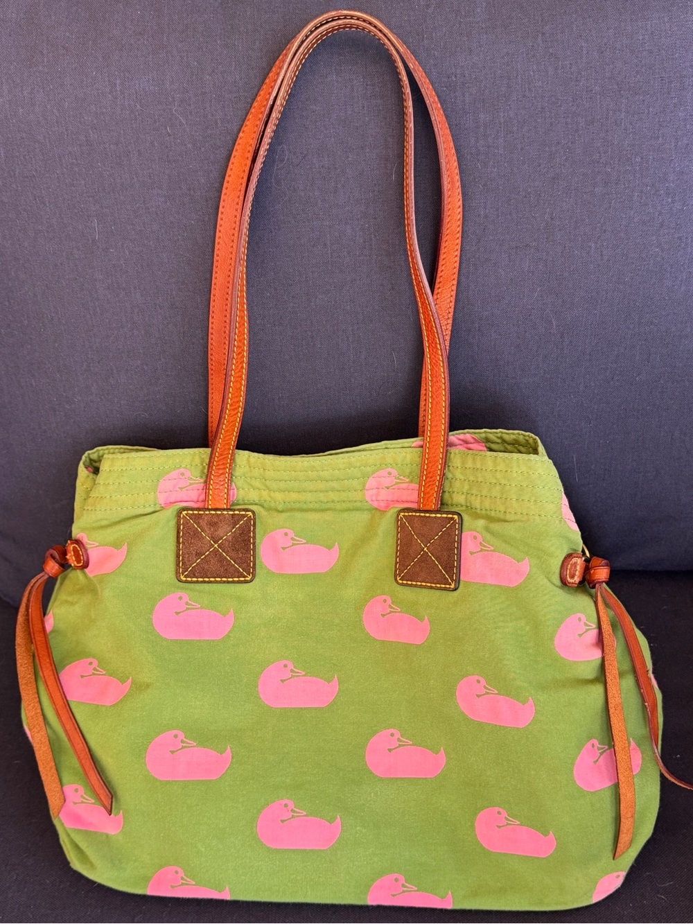 EUC Vintage Green Canvas Shoulder Bag with Pink Duck Print and Leather Trim